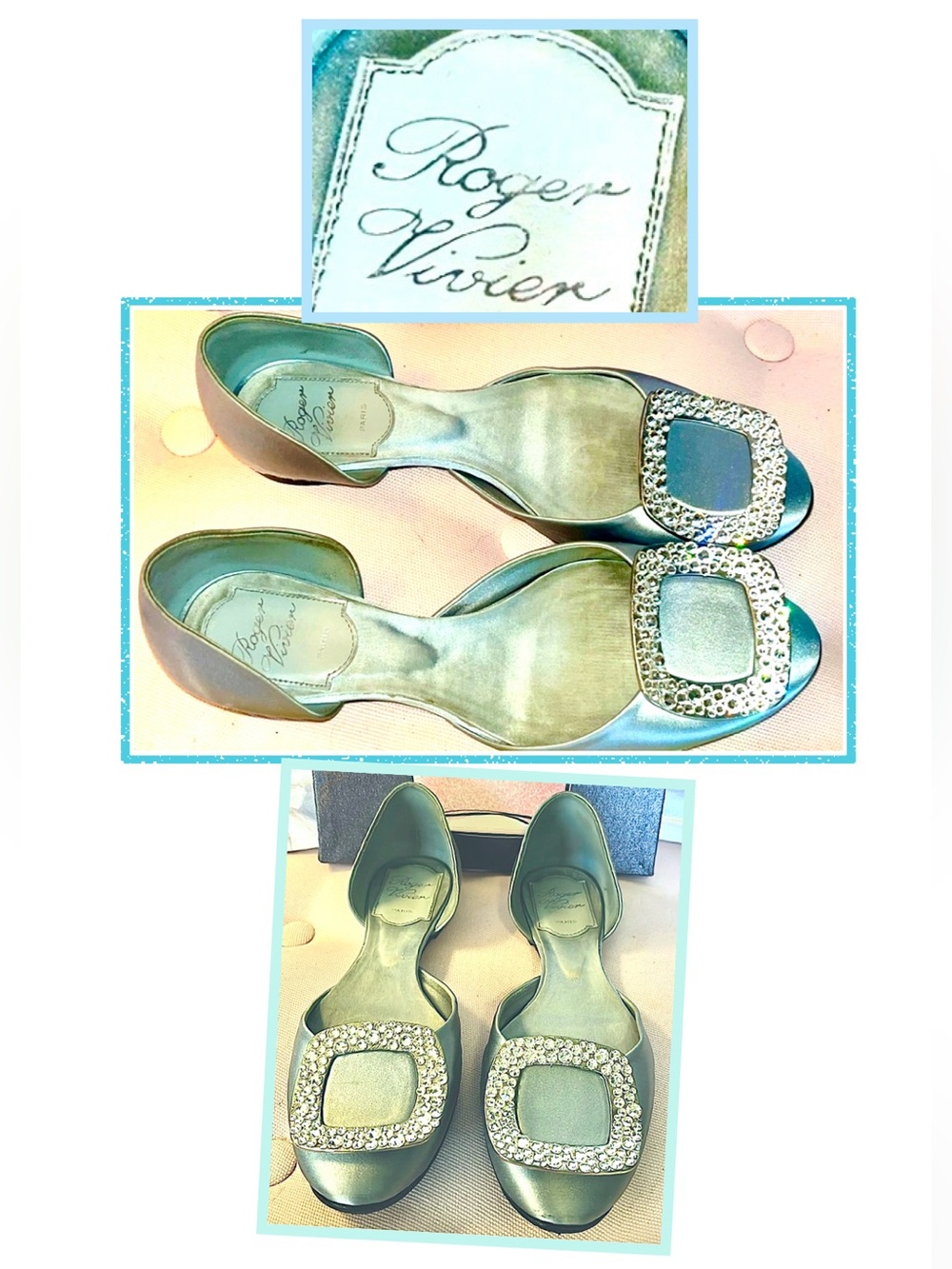 Roger Vivier baby blue satin flats w/brilliant crystal buckles gorgeous sz 34.5 - Picture 2 of 16